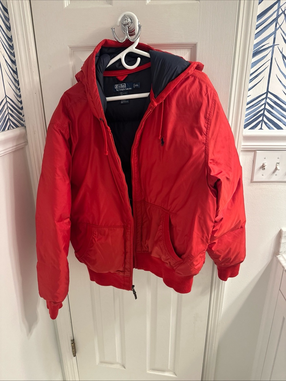 Ralph Lauren Red Hooded Puffer Jacket with Navy Lining